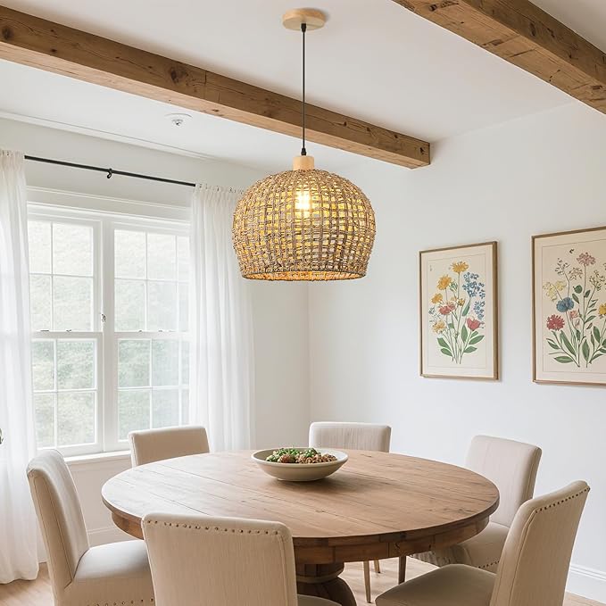 Rattan Pendant Lights Kitchen Island, 16" Wicker Hand-Woven Light Fixture Coastal Lighting Hanging Ceiling Boho Large Chandelier for Restaurants Living Dining Room Farmhouse
