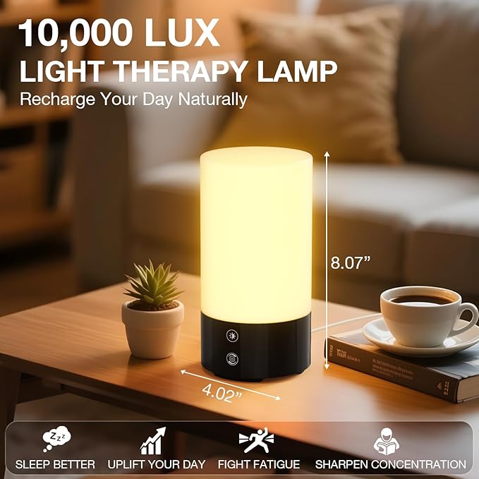 Light Therapy Lamp 10,000 Lux UV-Free Sun Lamp, Full Spectrum 98 CRI Ra98 Flicker-Free, 3 Color Temperatures, 4 Brightness Levels, Timer, Memory & Remote – 360° Sunlight Lamp for Home Office
