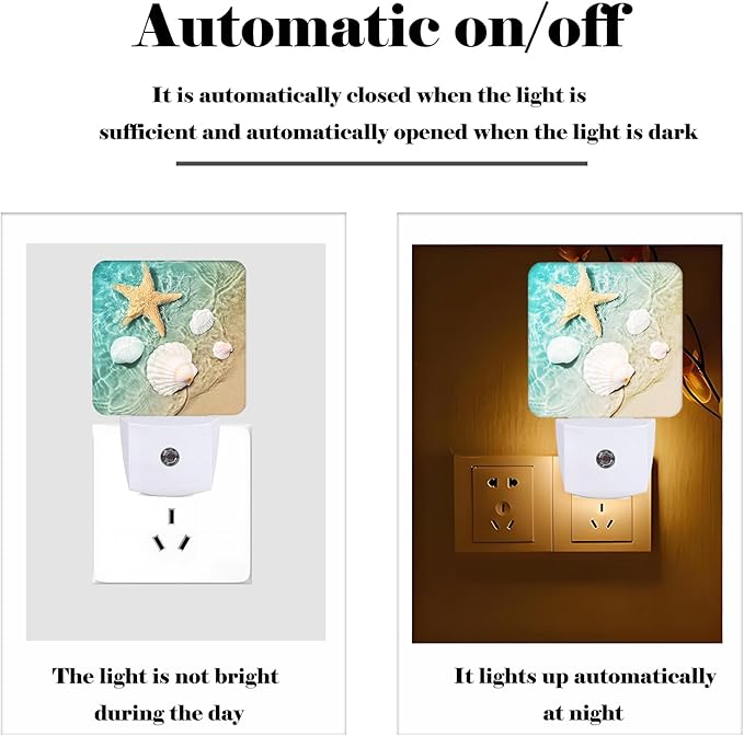 Starfish and Seashell On Beach Night Light,Plug Into Wall Decor for Stairway,Hallway,Kitchen,Dusk to Dawn Sensor Nightlights for Boys/Girls/Women/Men Room Gifts