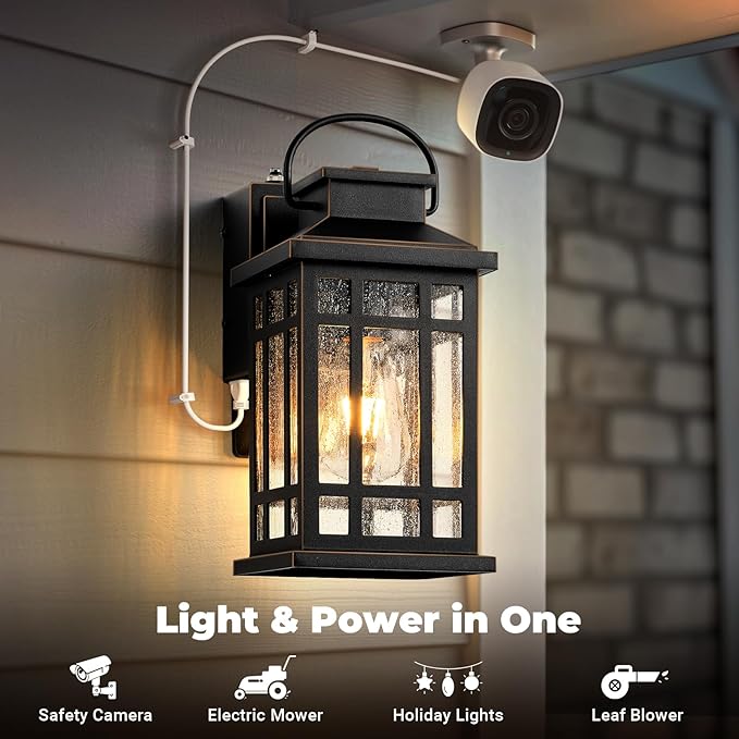 Exterior Lighting Fixtures with GFCI Outlet, Modern Black Outdoor Wall Light Fixture with Gold Trim, Dusk to Dawn Outside Lights for House, Garage, Garden, Porch, Hardwired, Easy-to-Install