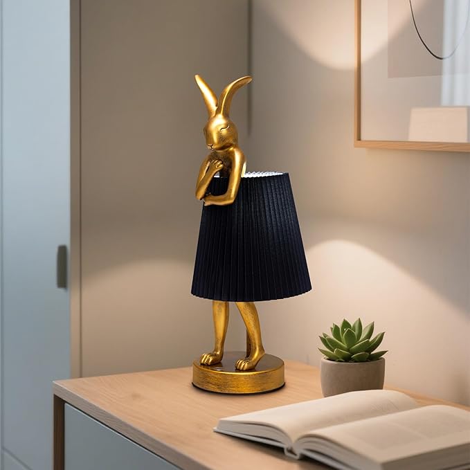 Bunny Rabbit Cordless Table Lamp – 5000mAh Rechargeable Battery Powered LED Night Light Cute Vintage Animal Desk Bedside Lamp with Linen Shade for Kids Room Nursery Home Decor Gift (Black)