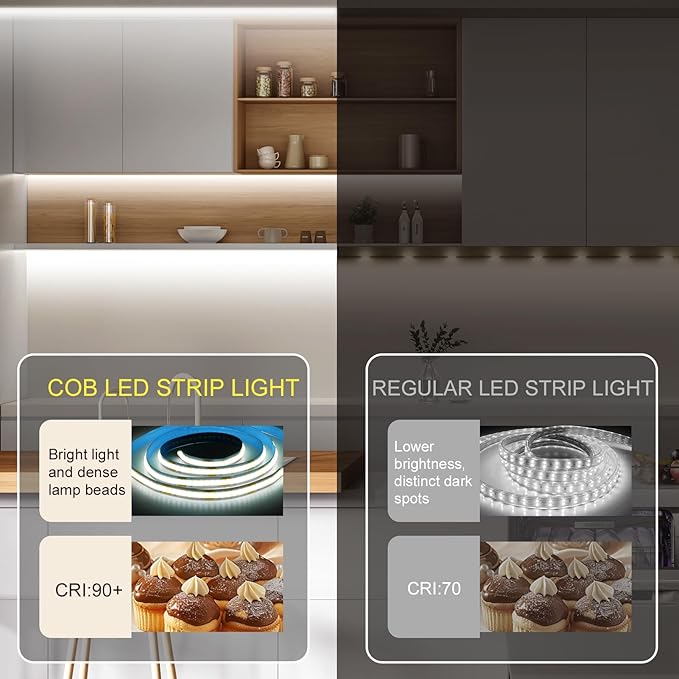 Battery Powered LED Strip Lights, 2Pack 3.3FT COB LED Light Strip, Battery Operated LED Lights, White LED Strip Lights Battery Powered for Closet, Cabinet, Shelf, Kitchen, DIY Lighting
