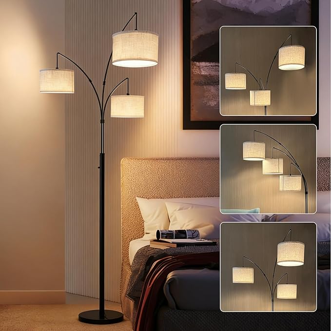 Dimmable Arc Floor Lamp, Rotary Switch Standing Lamp with Linen Shade and Heavy Base, Mid Century Tree Lamp for Bedroom, Office