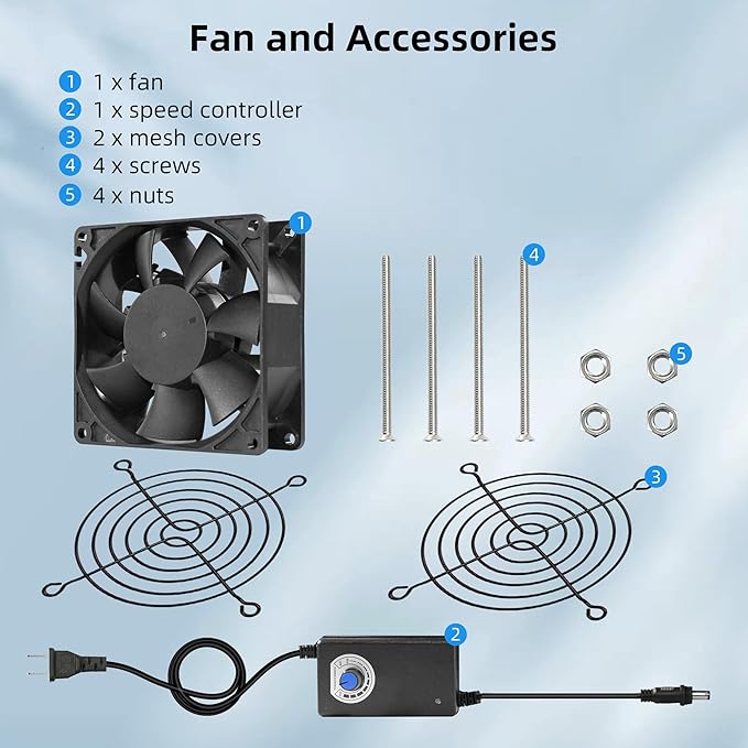 PANO-MOUNTS 92mm 3.62inch Upgraded IP68 Waterproof Dual Ball Bearing Cooling Fan -Max 4500RPM with Stepless Speed Controller for DIY Ventilation Exhaust Projects