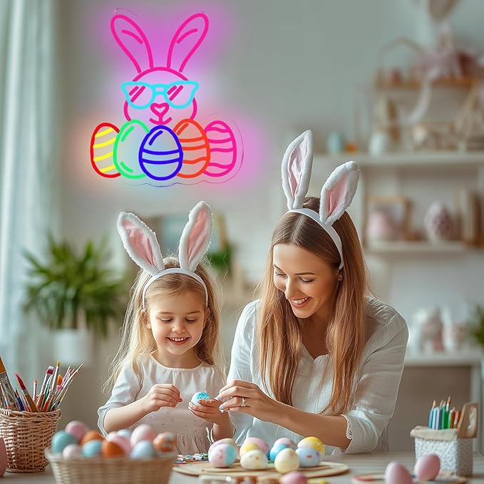 Easter Bunny Egg Neon Signs Decorations, LED Neon Lights Sign for Wall Decor, USB Dimmable Easter Gifts Bunny Wearing Glasses Party Decor for Bedroom Window Door Yard Bar Classroom Church
