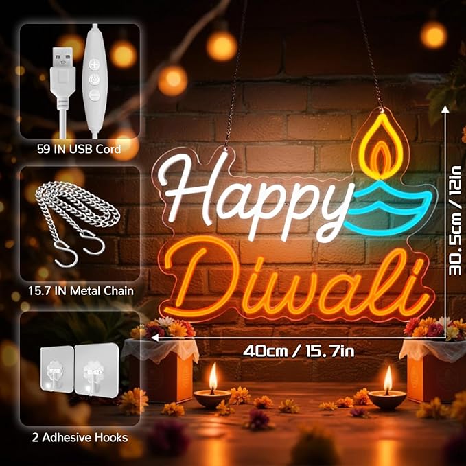 Happy Diwali Neon Sign,Neon signs For Wall Decor,USB Powerd with Dimmable Brightness Diwali Decor,Neon Lights for Festival,Diwali Decorations for Home,Indoor Diwali Lights for Party,Mandir