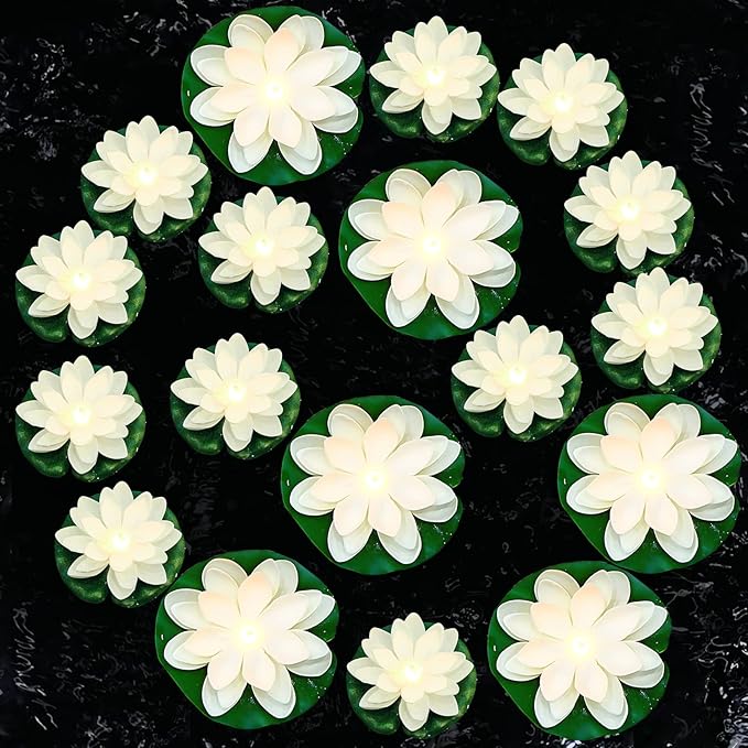 Hortsun 12 Pcs Floating Lotus Lights with Batteries Lily Pads Pool Flowers Floating Candles Decor Artificial Pond Plants Decorations for Pool Pond Outdoor Indoor (White,3.94/5.91 Inch)