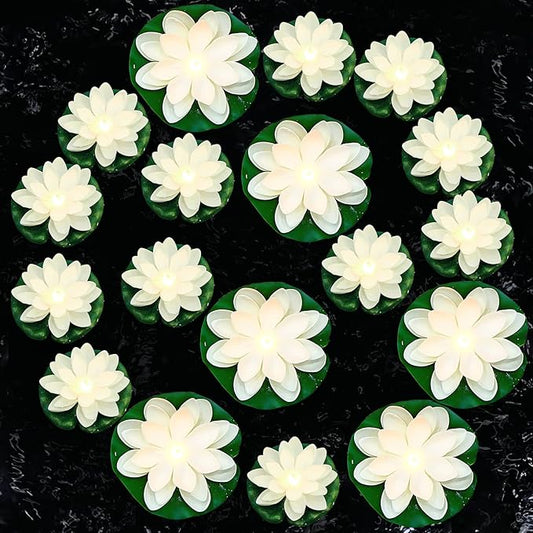 Hortsun 18 Pcs Floating Lotus Lights with Batteries Lily Pads Pool Flowers Floating Candles Decor Artificial Pond Plants Decorations for Pool Pond Outdoor Indoor (White,3.94/5.91 Inch)