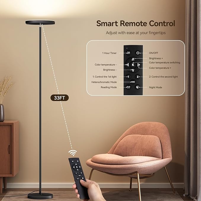 SUNMORY Floor Lamps for Living Room, 28W Bright LED Floor Lamp with 2 Rotatable Lights & Remote Control, 74" Dimmable Tall Standing Lamp, Modern Reading Torchiere Corner Lamp for Bedroom Office, Black