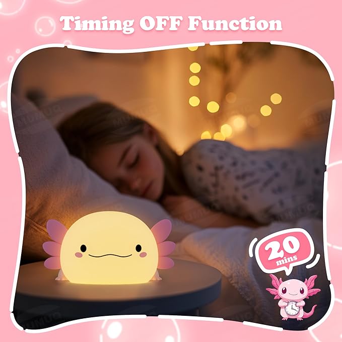 Axolotl Night Light, LED Cute Silicone Nursery Axolotl Lamp for Kids, Rechargeable Squishy Nightlight Touch Nightlight Bedside Lamp with 20 Minutes Timer for Breastfeeding, Funny Decor, Cute Gifts