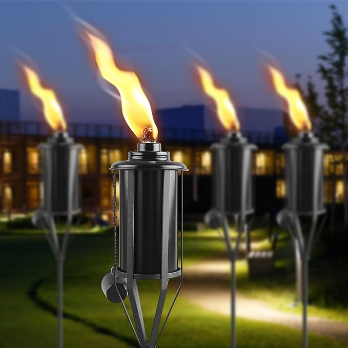 6 Pack Home Garden Torch, Large Capacity 16oz Outdoor Metal Torch Garden Décor,59-Inch Upgraded Citronella Torches with 3-Prong Grounded Stake, Table Top Torches for Party Patio Pathway