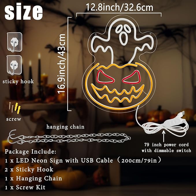 Halloween Ghost Pumpkin Neon Sign,Ghost Face Neon Light Spooky Pumpkin Neon Light Up Signs Dimmable LED Halloween Skull LED Sign for Bedroom Game Room Mancave Bar Halloween Party