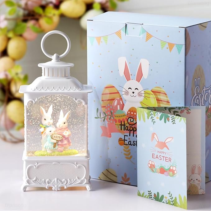 Easter Snow Globe Bunny Snow Globe Lantern with Timer, USB and Battery Powered Easter Decorations for Home Bunny Family 10.2 inch