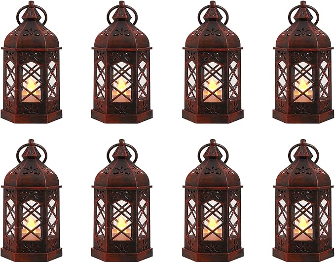 8-Pack Mini Lanterns for Ramadan, Wedding, Festivals, Small Decorative Lanterns with LED Candle for Baby Shower Party, Moroccan Lantern for Table Centerpiece, Medieval Decor, Red Brushed
