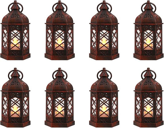 8-Pack Mini Lanterns for Ramadan, Wedding, Festivals, Small Decorative Lanterns with LED Candle for Baby Shower Party, Moroccan Lantern for Table Centerpiece, Medieval Decor, Red Brushed