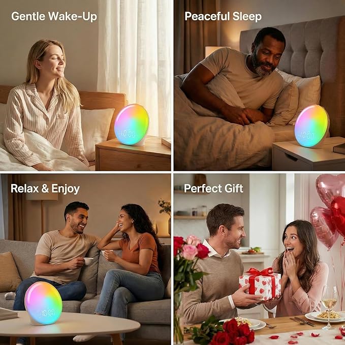 Wake Up Light Sunrise Alarm Clock for Bedroom, 17 Nightlights, Sound Machine with 5W Bluetooth Speaker, 25 Soothing Sounds, SleepTimer, Dual Alarms, FM Radio, Ideal Gift for Baby, Kids, Adults, Senior