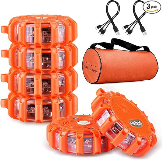 USB C Rechargeable LED Road Flares Emergency Lights with Magnetic Base, 9 Strobe Options Roadside Emergency Warning Car Safety Beacon Flashing Disc Flare Kit for Vehicles & Boat, 6 Pack