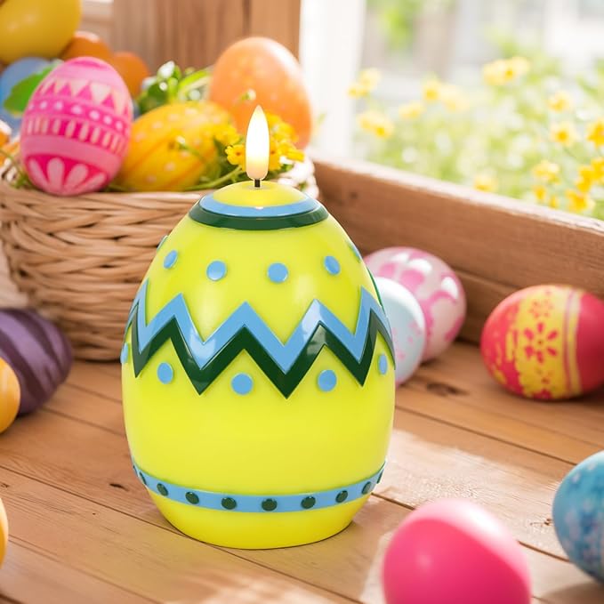 Eldnacele Easter Flameless Candles with 6H Timer, Battery Operated Egg Shaped 3D Wick Flickering Candle Real Wax Yellow LED Candles for Easter Party Spring Dinner Decor(2.4"×6.3")