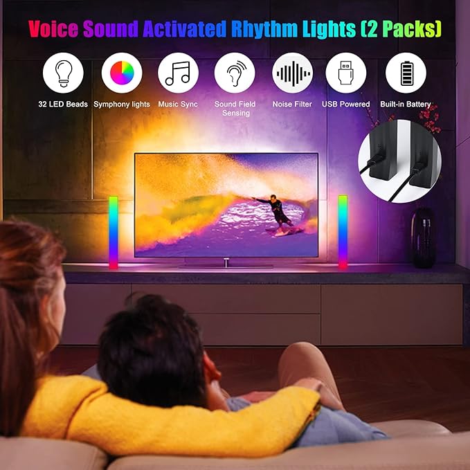 Battery Powered Rhythm Light Bar, RGB Sound Control Pickup Rhythm Lights, APP Control 32 Bit Music Level LED Lights, USB Rechargeable Voice Activated Atmosphere Light for Game Car TV DJ Studio - 2Pcs