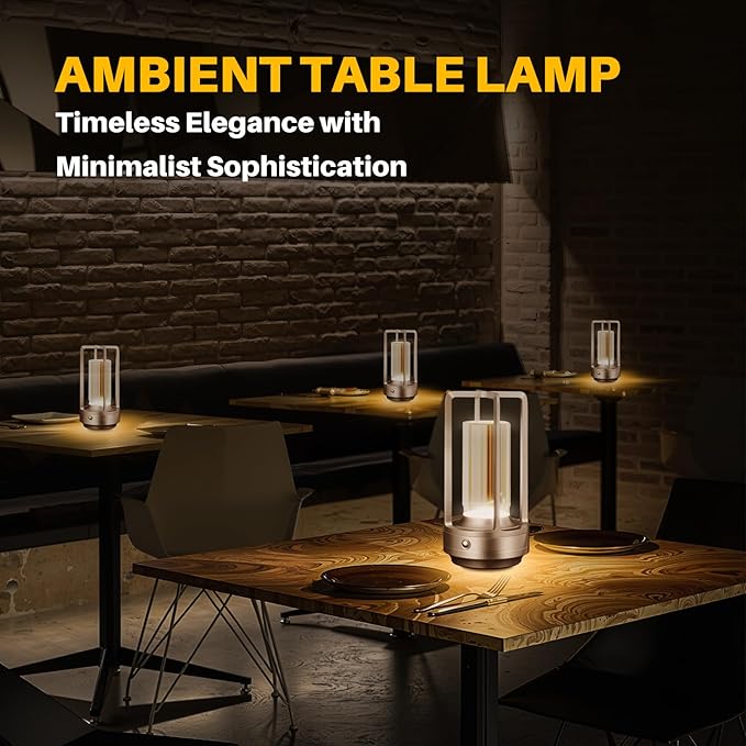 Rechargeable Table Lamp Cordless, Portable Metal Table Lamp 3 Color | Crystal | Stepless Dimming, for Bedroom, Cafe, Camping, Bar, Dining Table, Restaurant