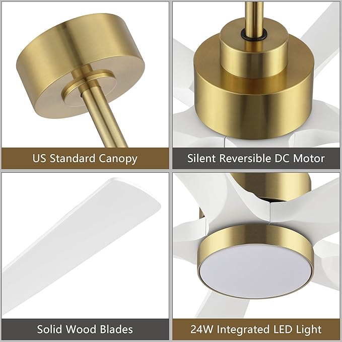 ELEHINSER 52" Modern Ceiling Fan with Lights and Remote Control, 5 Solid Wood Blades 6-Speed Noiseless Reversible DC Motor, Ceiling Fan for Bedroom Dinning Living Room, Gold Finish with White Blade