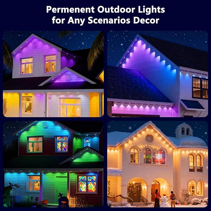 Permanent Outdoor Lights for House: 100FT Smart RGB+IC Eave Light for Halloween Christmas Decor,Warm/Cool White Lighting,IP67 Waterproof,Works with Alexa Google Assistant,White