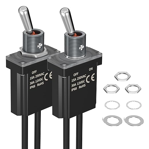 DaierTek Toggle Switch 12V - IP68 Waterproof Pre-Wired SPST ON-Off Switch, Heavy Duty 12V DC 30A / 125V AC 20A Latching Rocker Switch, Fit for Car, Boat, and Marine Applications -2 Pack