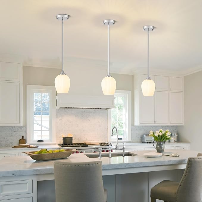 Brushed Nickel Pendant Lights Kitchen Island 2 Pack, 5.8" Modern Milk Glass Pendant Light Fixtures with Rods, Mini Hanging Lighting for Kitchen Island Sink Bathroom Dining Room, E26 Base