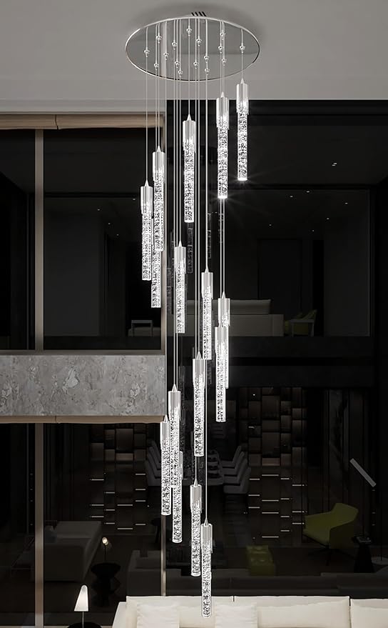 Flashing God 11feet Long Staircase Chandelier Modern Silver 16-Lights Transparent Crystal with Bubble Pendant Light High Ceiling Chandelier Dimmable 2700K-6000K Villa Entrance Foyer Lighting