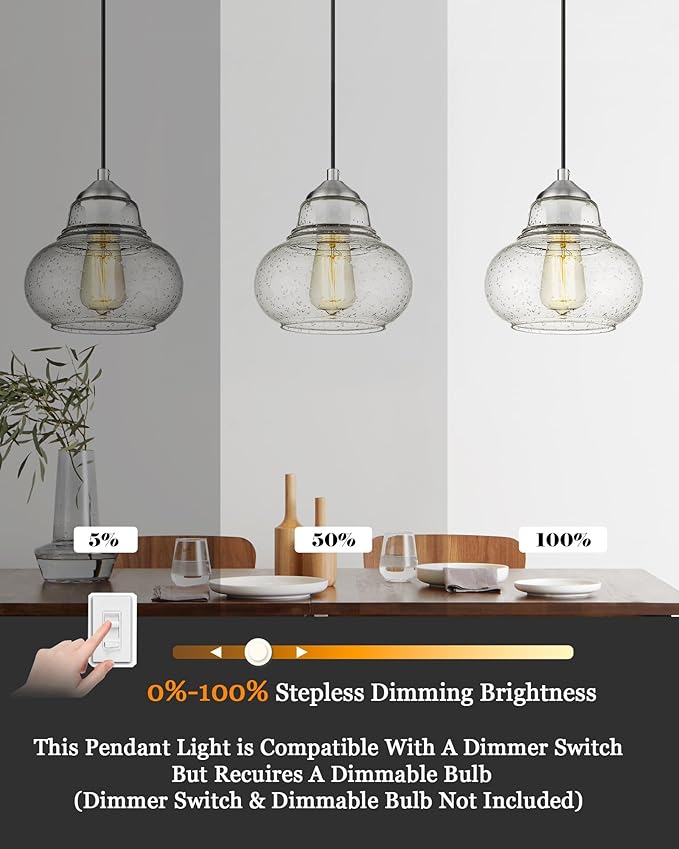 ELYONA 8 Inch Bubble Glass Pendant Light Industrial Kitchen Island Globe Hanging Pendant Light Fxiture Modern Hand Blown Seeded Glass for Farmhouse Dining Room Bar Bedroom Living Room Brushed Nickel