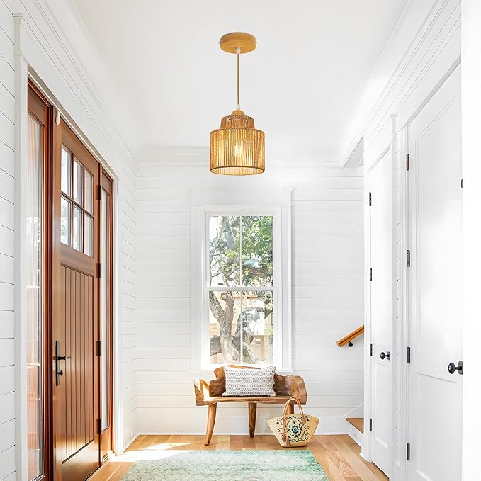 Boho Rattan Pendant Light Kitchen Island,Farmhouse Chandeliers Adjustable Height Hanging lamp for Dining Room,Kitchen Ceiling Lights Fixtures with Round Woven Wicker Lampshade Lighting
