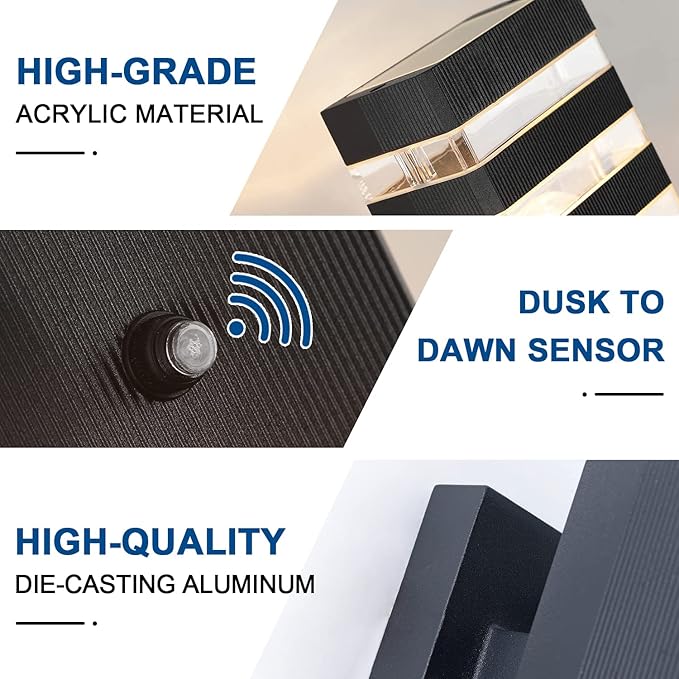 Dusk to Dawn Sensor Outdoor Wall Lights Up Down Porch Lights Modern Exterior Light Fixtures Photocell Waterproof Black Aluminum Housing for Front Porch, Patio, Garage (Use Two E26 Bulbs)