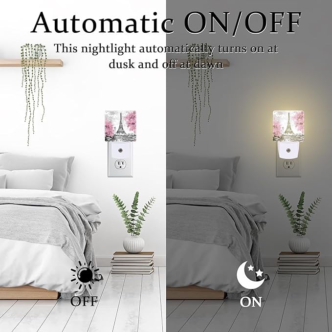 Pink Cherry Blossoms Tree and Eiffel Tower Night Light Plug into Wall,Modern Art Floral Oil Painting Dusk to Dawn Night Light,0.5w Energy Saving Nightlights for Kids Boys Girls Home