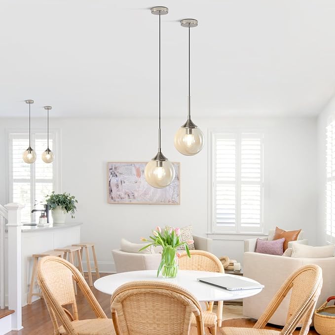 KCO Lighting 7.1" Amber Glass Pendant Light Brushed Nickel Pendant Lighting Modern Globe Pendant Light Mid Century Hanging Light Small Pendant Lights for Kitchen