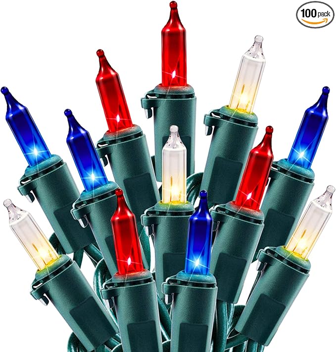 Minetom Red White Blue Christmas Lights Green Wire - 100 Count 4th July Decoration Patriotic Mini String Lights Waterproof for Indoor Outdoor Xmas Holiday Party Patio Independence Day Decoration