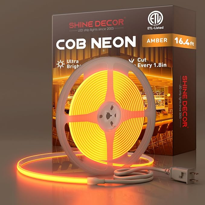 Shine Decor COB LED Rope Light AC 120V, 800lm Ultra Bright, IP65 Waterproof Cold-Resistant ETL Neon Strip, No Driver Tape Lighting for Home Commercial 10x4.5mm, Amber, 16.4ft