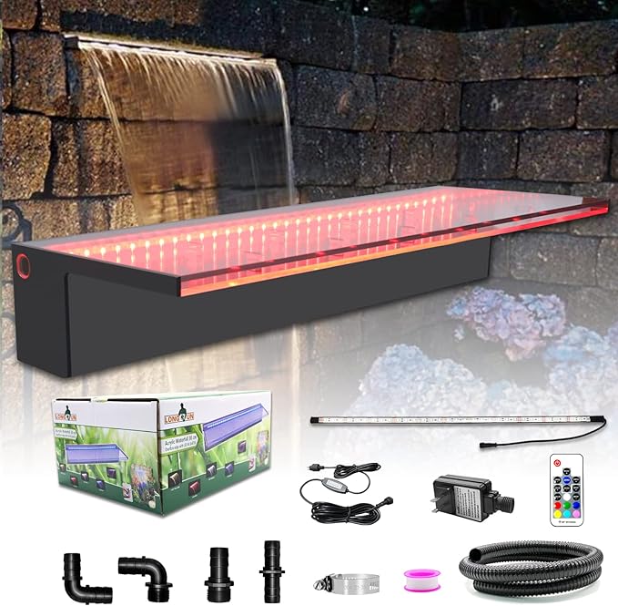 LONGRUN Waterfall Spillway Multi-Color LED Light Outdoor Pool Fountain, Acrylic Water Spillway Koi Pond Waterfalls Fountains Kit for Garden Koi Ponds Patio Swimming Pool Decoration-23.6"