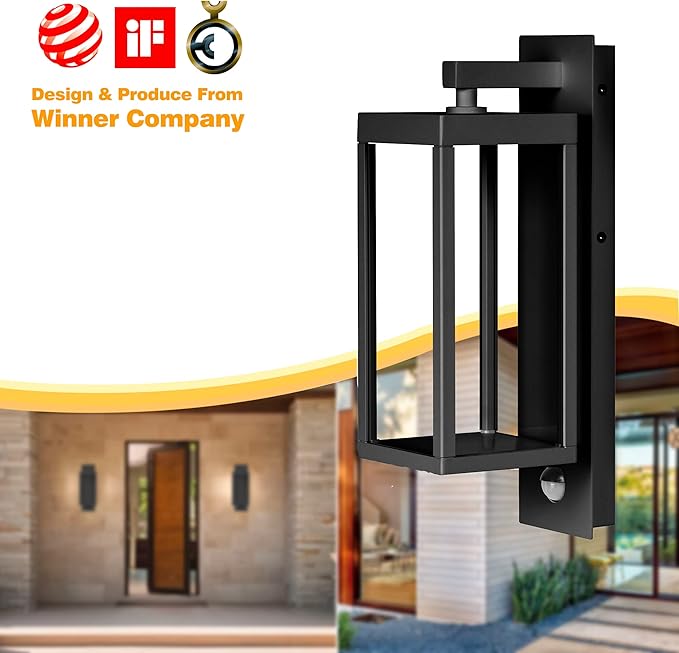 Motion Sensor Outdoor Wall Lantern 2 Pack Black Modern LED Exterior Light Fixture with Clear Glass for House Garage IP54 Waterproof 750LM