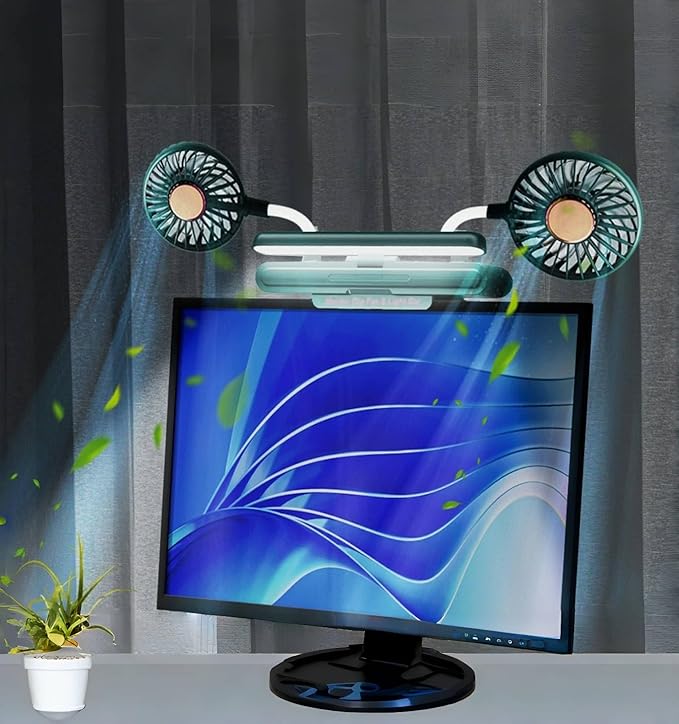Reading stand Lamp Light Bar with Fan Two-Head Personal Cooling Quiet USB Fan Flip-Open light, Level 3 brightness 3 Wind Speed for Working/Self Broadcasting (Forest Green)