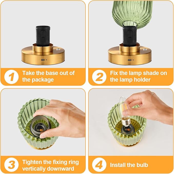 Cordless Table Lamp for Bedroom, 7500mAh Rechargeable Battery Operated Lamp, Modern Touch Dimmable Wireless Lamp Gold Base Green Glass Shade for Living Room, Desk, Led Bulb Included