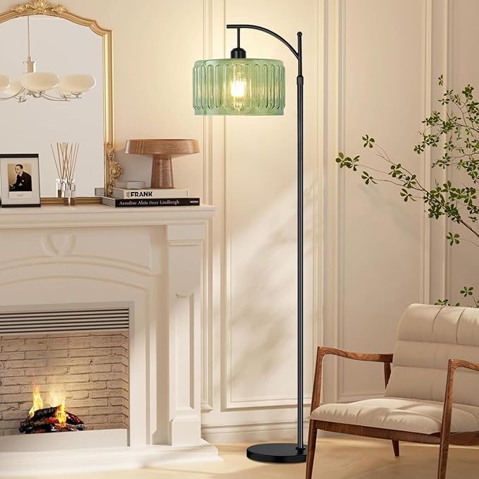 Black Floor Lamp for Living Room,Bedroom,Standing Lamp with Remote Dimmable Tall Lamp Vintage Retro Mid Century Modern Floor Lamps Arc Green Glass Lamp Floor Light Boho Bohemian