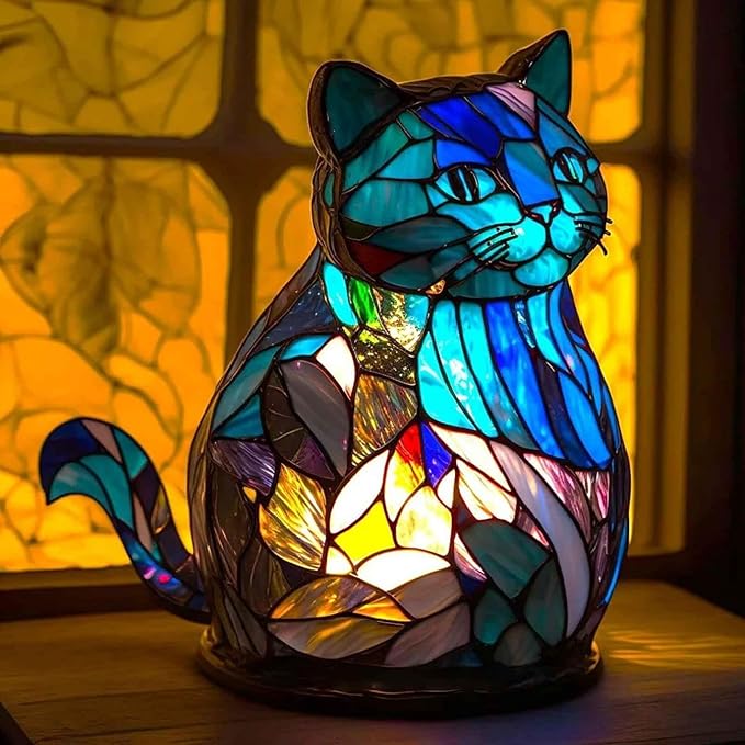 Mmoneyake Cute Animal Table Lamp Series, Stained Glass Lamp - Cat/Wolf/Horse/Owl/Dolphin/Turtle/Dragon Table Lamp Night Light, Stained Animal Night Light, Small Table Lamp for Bedroom Home Decoration
