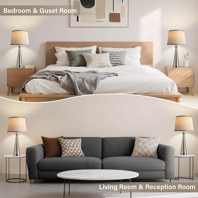 Seealle Modern Table Lamps Set of 2 - Touch Bedside Lamp for Nightstand with USB C+A,3-Way Dimmable Silver Nightstand Lamps for Living Room Bedroom End Table with Grey Shade(Bulb Included)