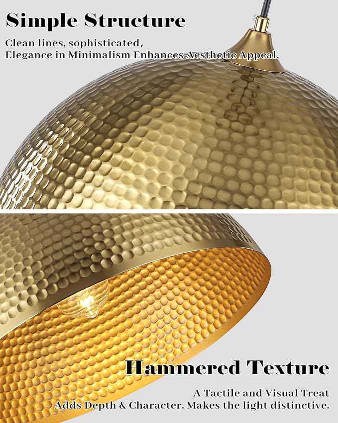 Gold Pendant Light 16 inch, Hammered Large Dome Pendant Light, Industrial Farmhouse Pendant Lights Kitchen Island, Gold Island Pendant Lights for Kitchen, Dining Room Living Room 1 Pack