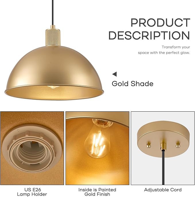 12 Inch Gold Dome Pendant Lights 2 Pack for Kitchen Island, Height Adjustable Farmhouse Industrial Hanging Light Fixtures Over Table for Dining Room, Entryway