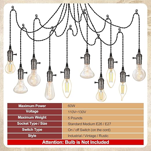 1 Pcs Vintage Pendant Light Sockets Light Cord Kit with Switches DIY Bulb Socket with Cord for E26 E27 Lamp Socket Lantern Bedroom Living Room Decor (1 Plug with 10 Sockets,Black)