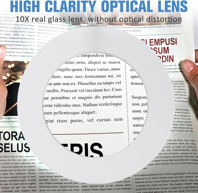 LANCOSC 10X Magnifying Glass with Light and Stand, Optical-Grade Glass Lens, 3 Color Modes Stepless Dimmable, Adjustable Swivel Arm, LED Magnifier Desk Lamp for Close Work Repair Crafts Reading, White