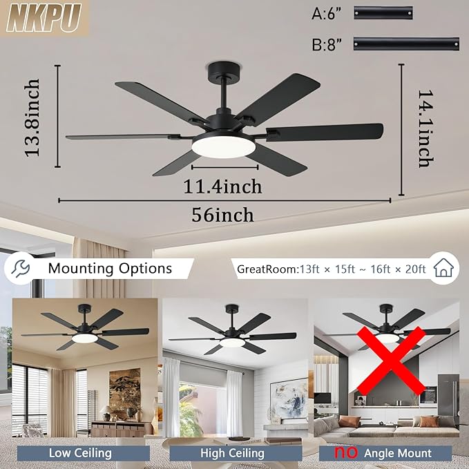 56 Inch Ceiling Fans with Lights, Modern Black Ceiling Fan with Light and Remote Control, 6 Double Sided Blades, 6 Speed Reversible Motor, Dimmable LED, Silent Timing, Indoor Outdoor Patio Use