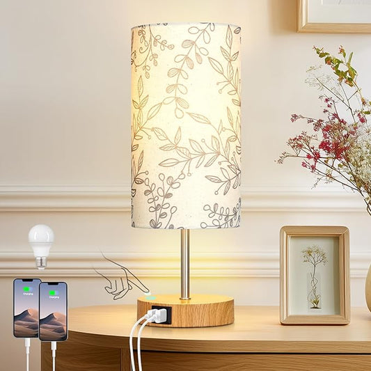 Bedside Touch Lamps for Nightstand with 2 USB Charging Ports, 3 Way Dimmable Wood Bedroom Lamp with Flower Fabric Shade, Small Table Lamp for Living Room Reading Desk (LED Bulb Included)