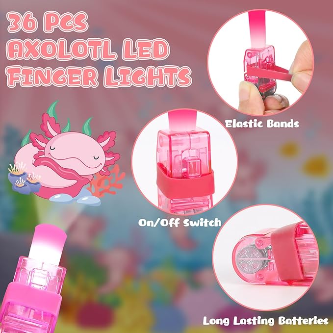 36Pcs Axolotl Themed LED Finger Lights Axolotl Party Favors Glow in the Dark Light Up Finger Lights Cartoon Animals Themed Toys Bulk for Axolotls Party Favors Birthday Gift